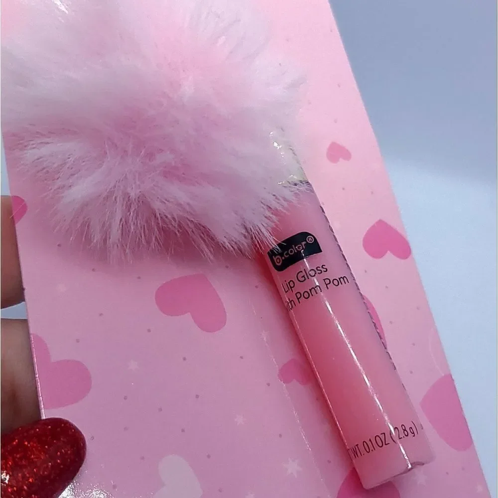 NEW Lip Gloss & Pom Pom Keychain ❤️ Shimmer Pink Furry Ball Backpack Purse Clip